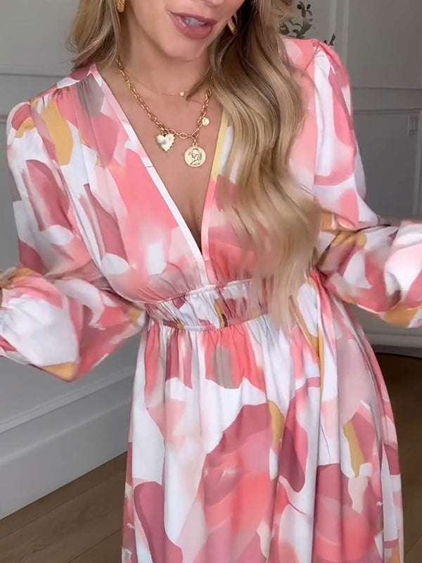 NEUđ„ LangĂ€rmeliges bedrucktes Kleid mit elastischer Taille