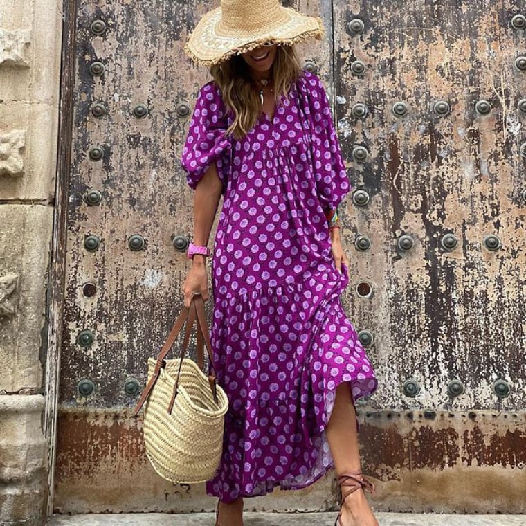 Abito Bohemien Elegante con Maniche a Palloncino e Fantasia Floreale
