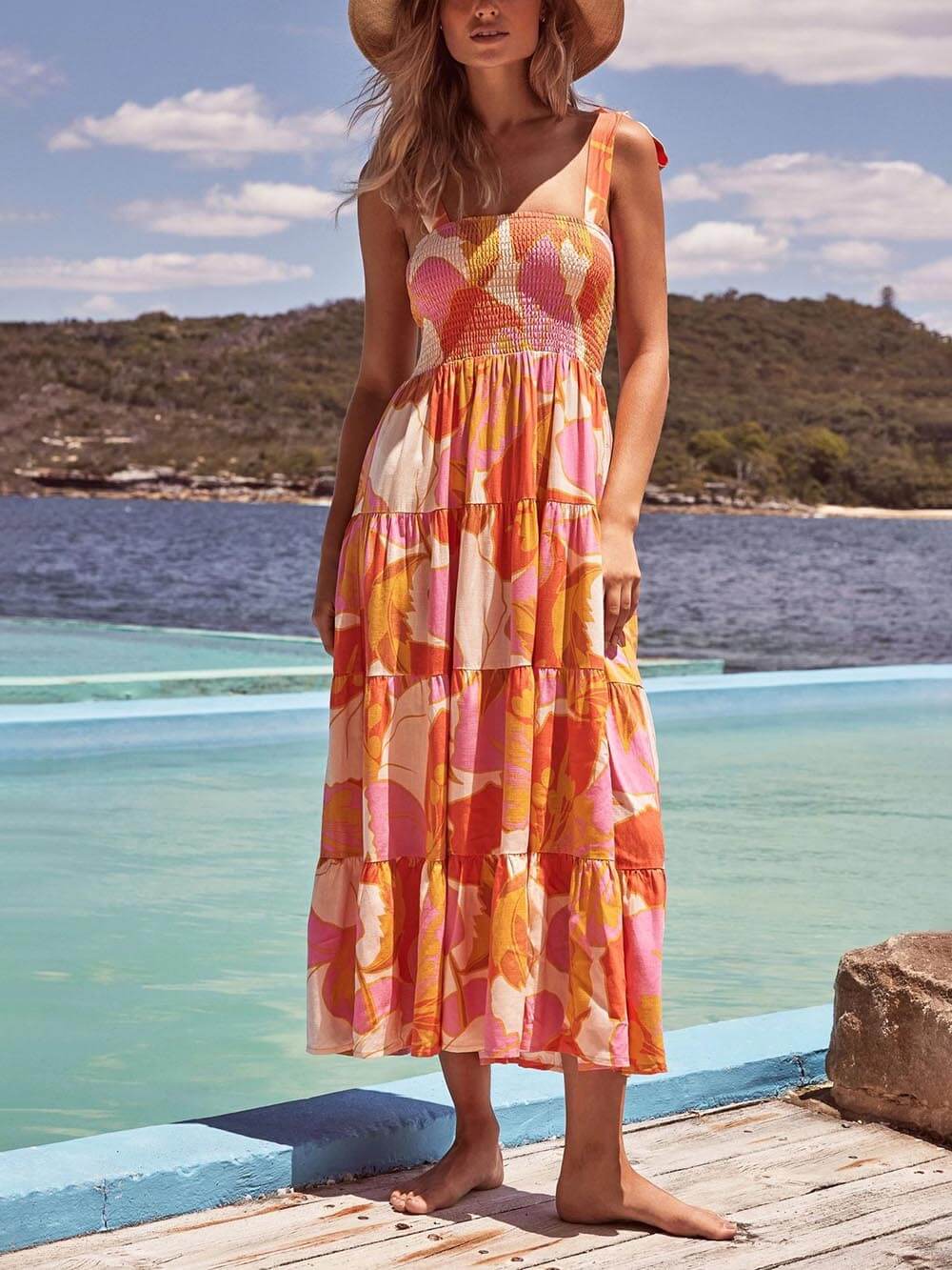 Sleeveless, pleated, stretch cami dress with Sea Charm print on the chest