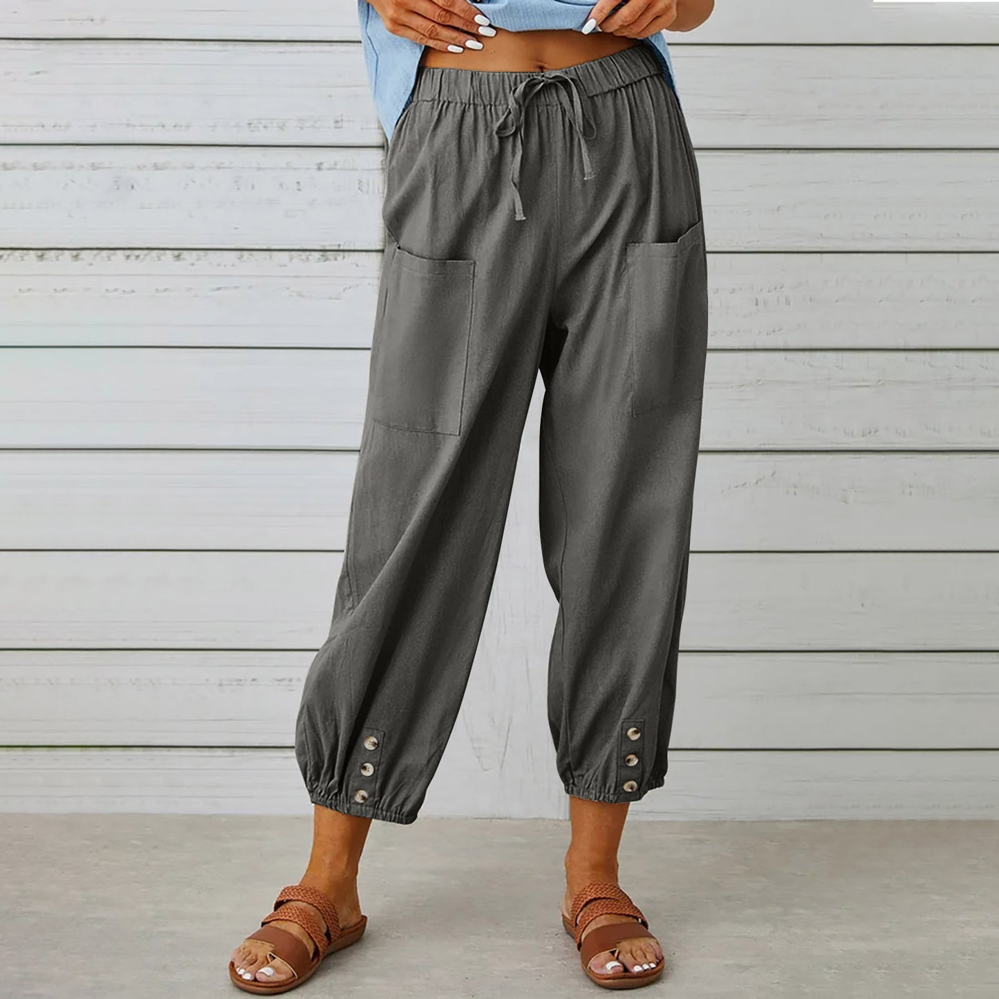 Damenhosen High-Waist-Hose mit Knopfleiste aus Baumwolle und Hanf Dreiviertelhose weites Bein