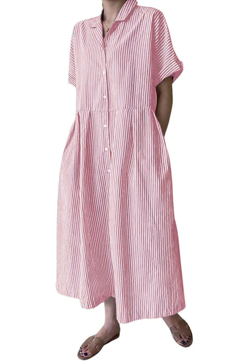 Damen Baumwoll-Streifenhemdkleid Durchgeknöpft Kurzarm Midi Langes Shiftkleid mit Taschen (Beim Kauf von 2 kostenfreier Versand)