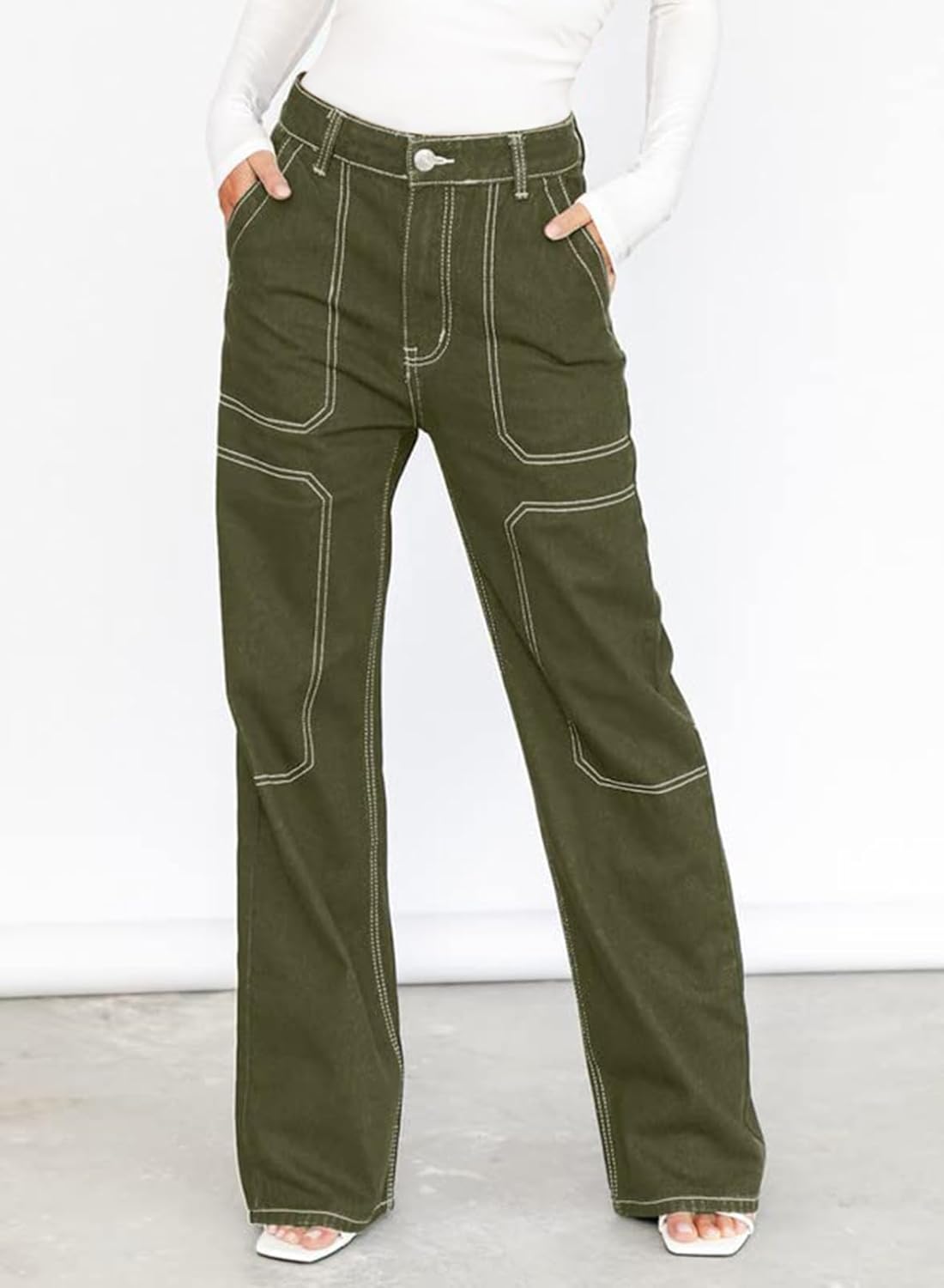 Dokotoo Women's Casual Mid Waist Cargo Jeans Stretch Wide Leg Denim Pants with Pockets