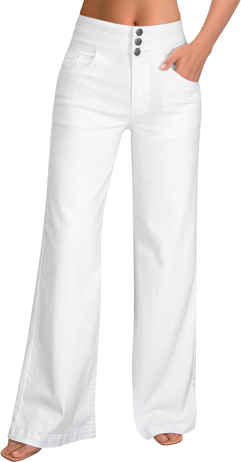 roswear Women's Wide Leg Jeans Casual High Waisted Stretch Baggy Loose Denim Pants