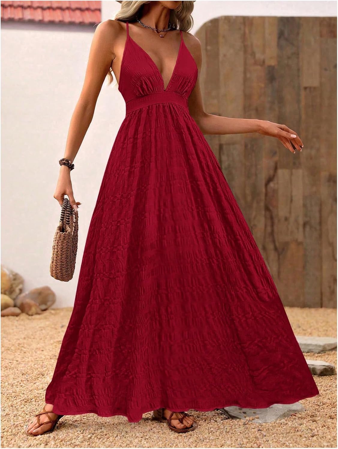MakeMeChic Women's Boho V Neck Sleeveless Maxi Sundress Floral Print Criss Cross Backless Flare Cami Dress