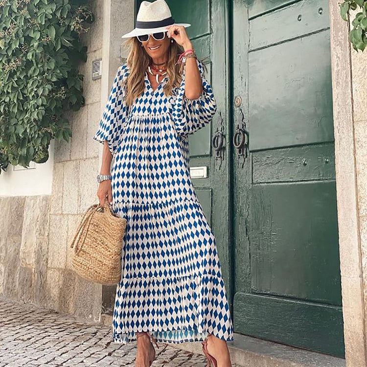 Abito Bohemien Elegante con Maniche a Palloncino e Fantasia Floreale