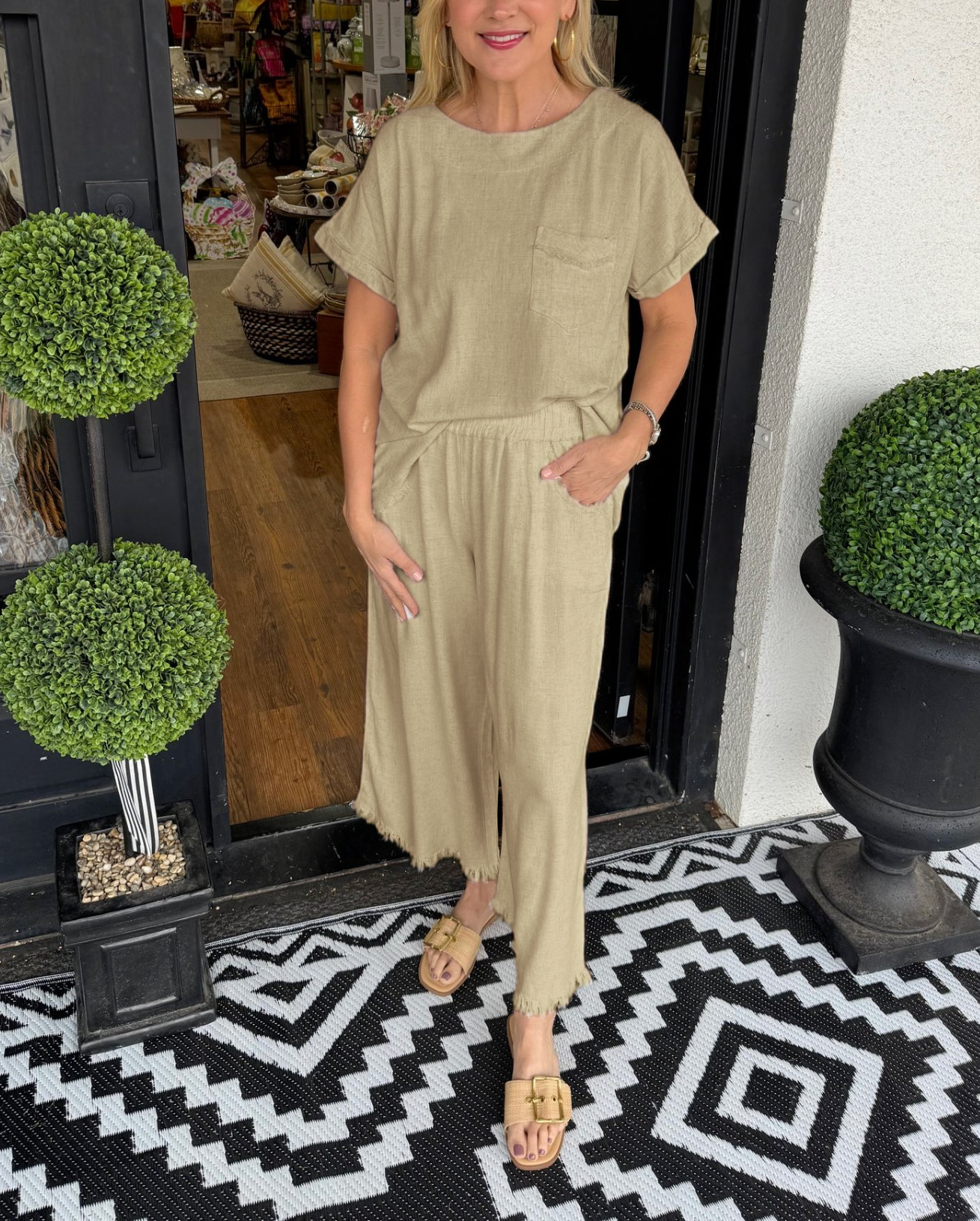 Completo da casa casual da donna in cotone e lino tinta unita (acquista 2, spedizione gratuita)
