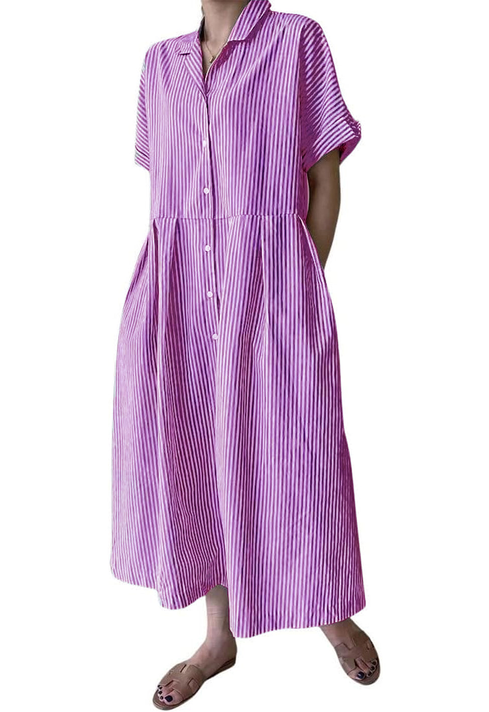 Damen Baumwoll-Streifenhemdkleid Durchgeknöpft Kurzarm Midi Langes Shiftkleid mit Taschen (Beim Kauf von 2 kostenfreier Versand)
