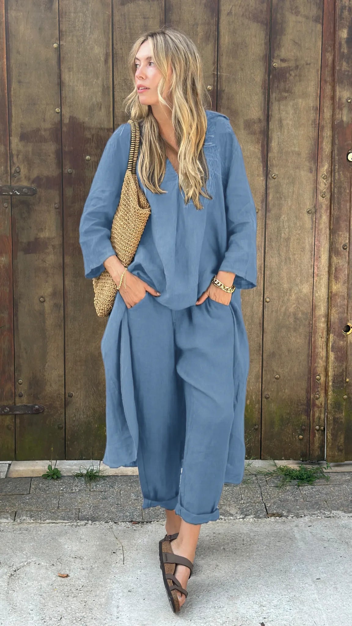 Set 2 pezzi casual in cotone e lino tinta unita (Acquista 2, spedizione gratuita)