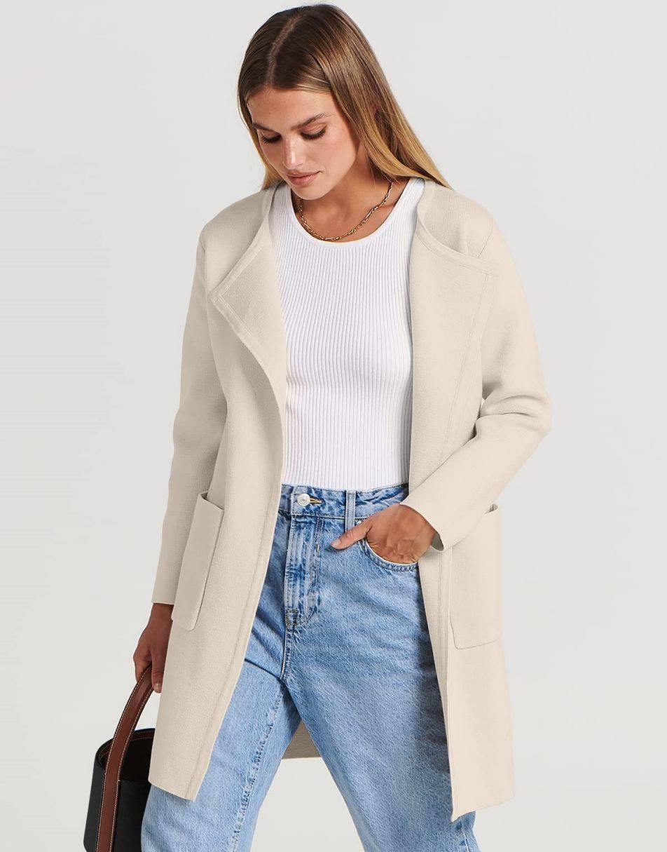 ANRABESS Women's Open Front Knit Cardigan Long Sleeve Lapel Casual Solid Classy Sweater Jacket