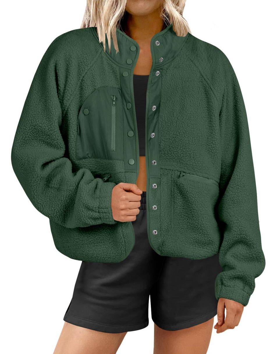 ANRABESS Womens Fleece Jacket Button Down Shacket Casual Sherpa Cropped Coats Warm Outwear with Pockets