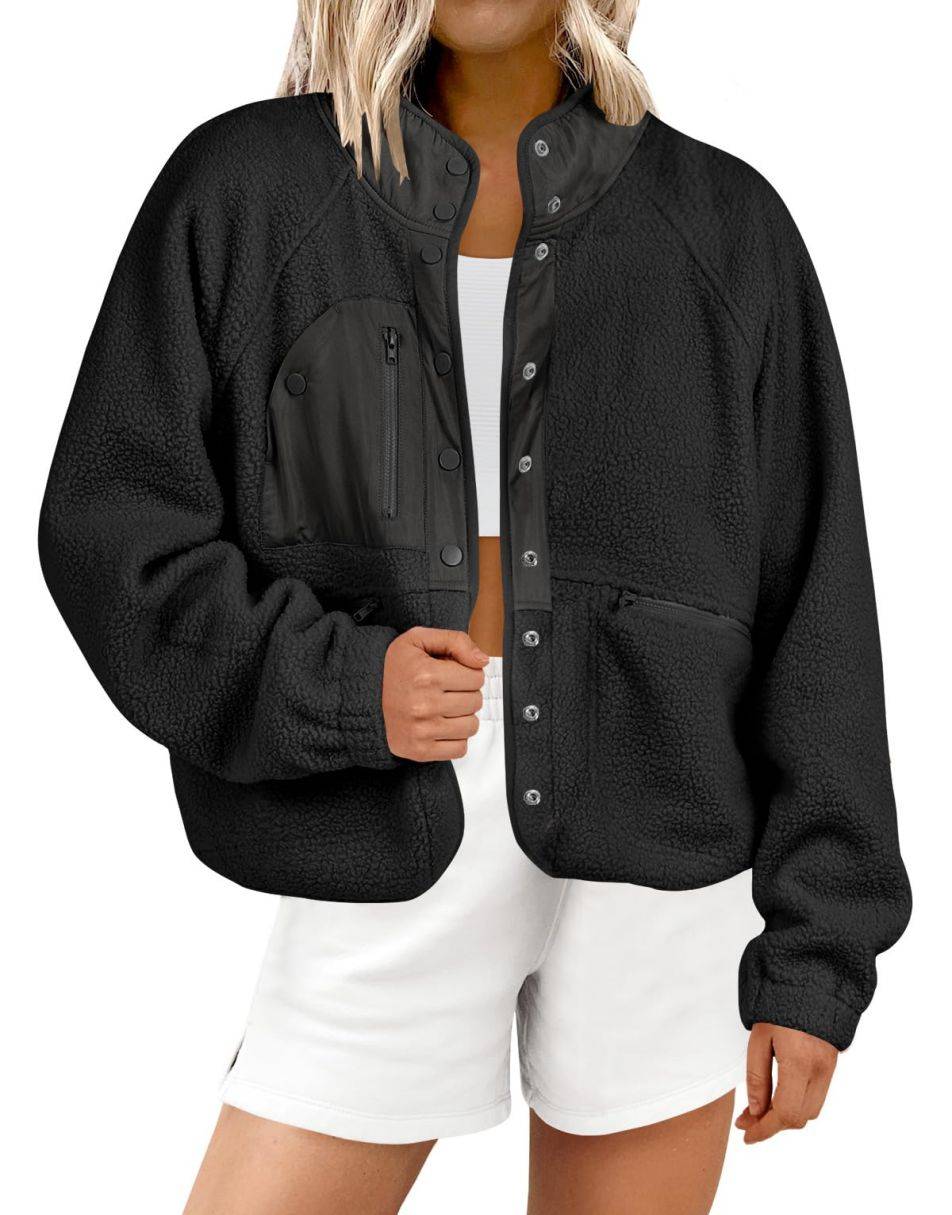 ANRABESS Womens Fleece Jacket Button Down Shacket Casual Sherpa Cropped Coats Warm Outwear with Pockets