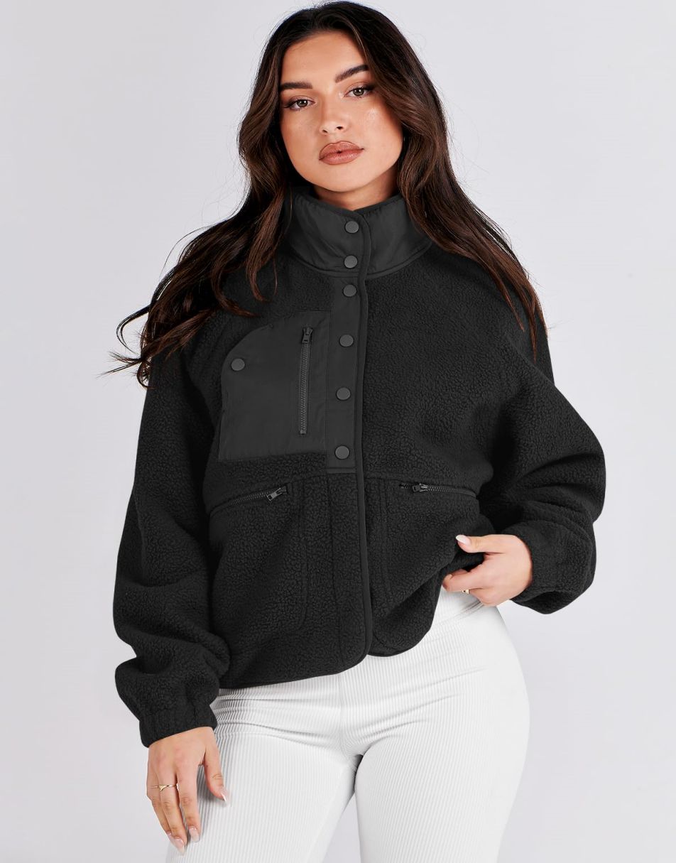 ANRABESS Womens Fleece Jacket Button Down Shacket Casual Sherpa Cropped Coats Warm Outwear with Pockets