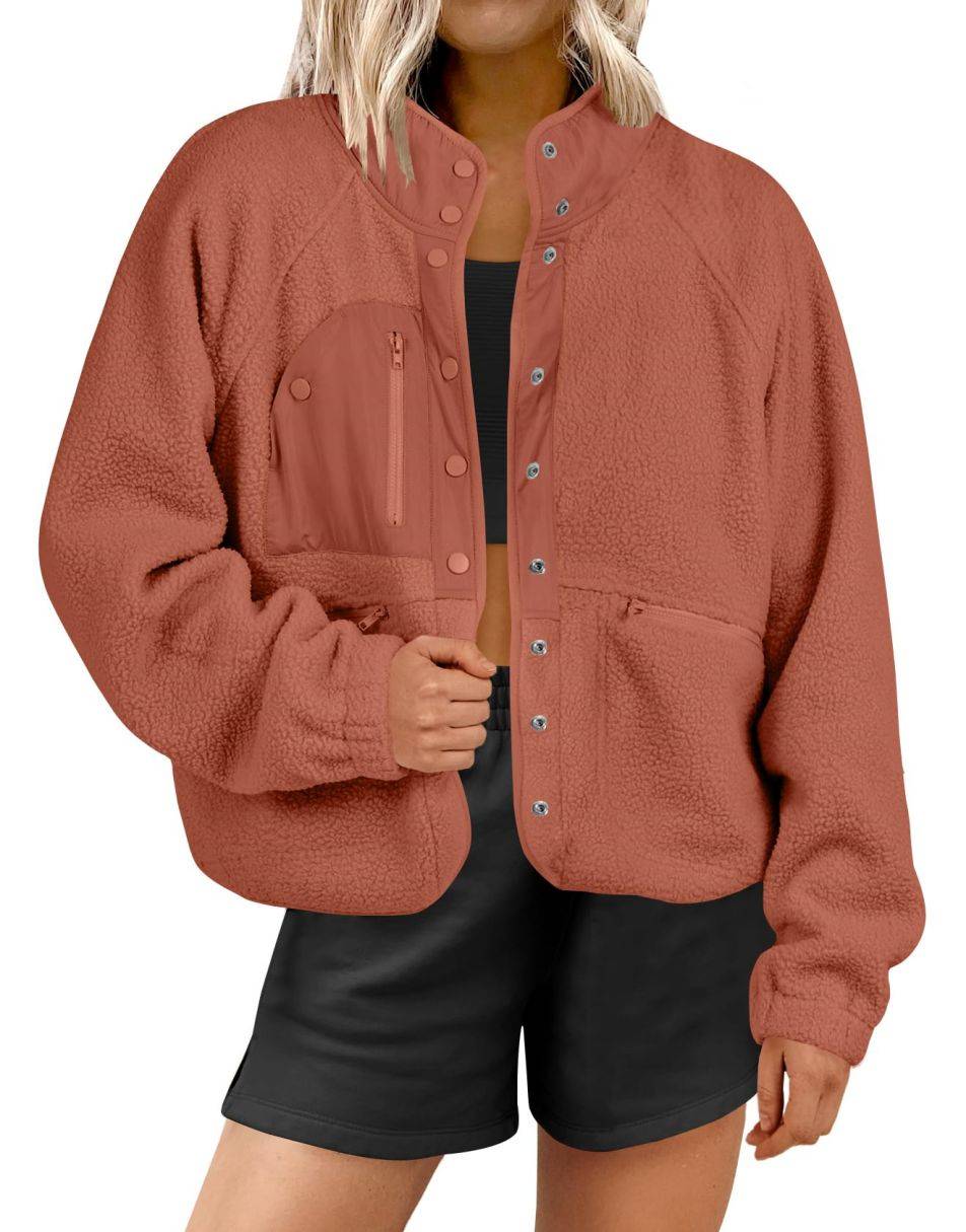 ANRABESS Womens Fleece Jacket Button Down Shacket Casual Sherpa Cropped Coats Warm Outwear with Pockets