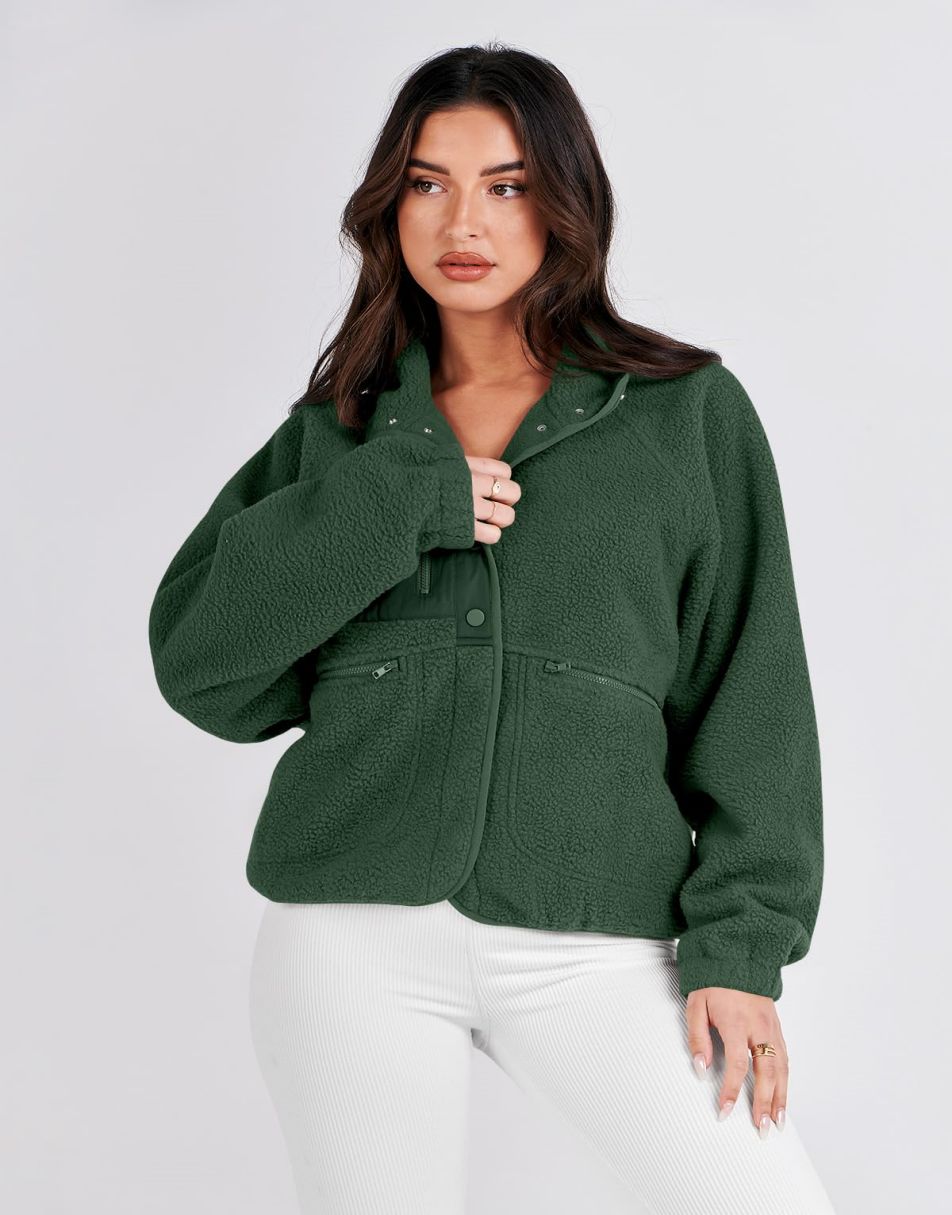 ANRABESS Womens Fleece Jacket Button Down Shacket Casual Sherpa Cropped Coats Warm Outwear with Pockets