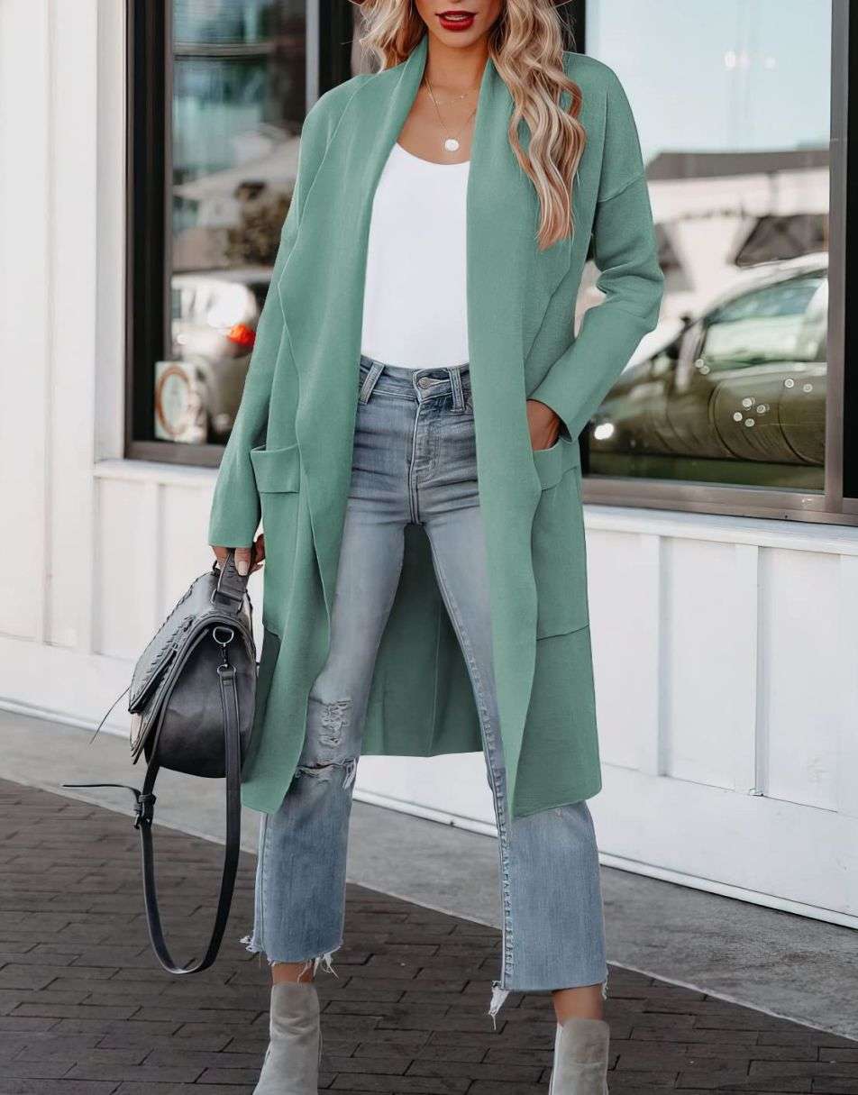 ANRABESS Women's Casual Long Sleeve Draped Open Front Knit Pockets Long Cardigan Jackets Sweater
