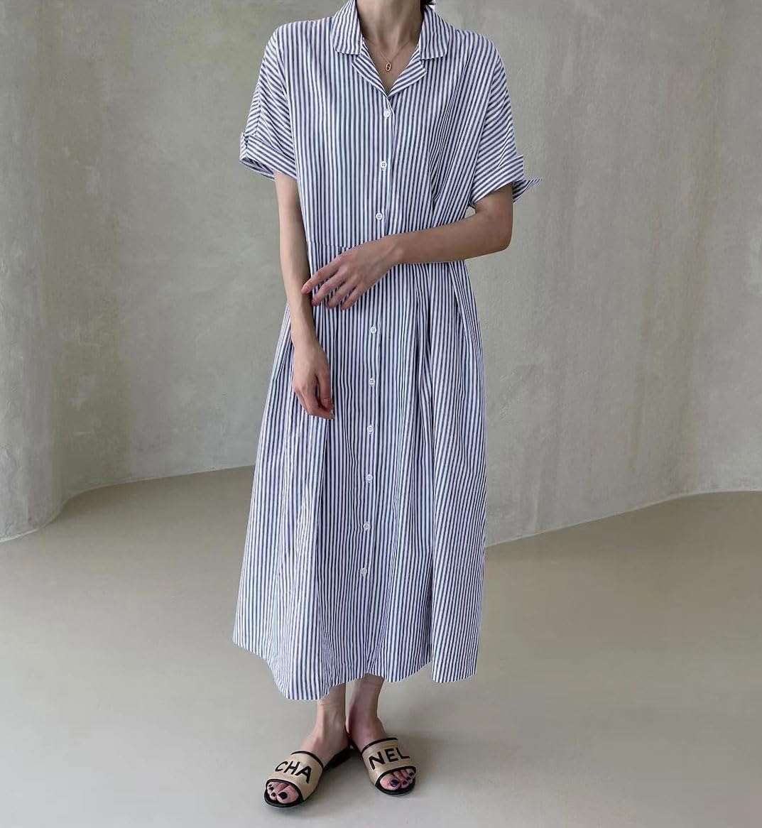 Damen Baumwoll-Streifenhemdkleid Durchgeknöpft Kurzarm Midi Langes Shiftkleid mit Taschen (Beim Kauf von 2 kostenfreier Versand)