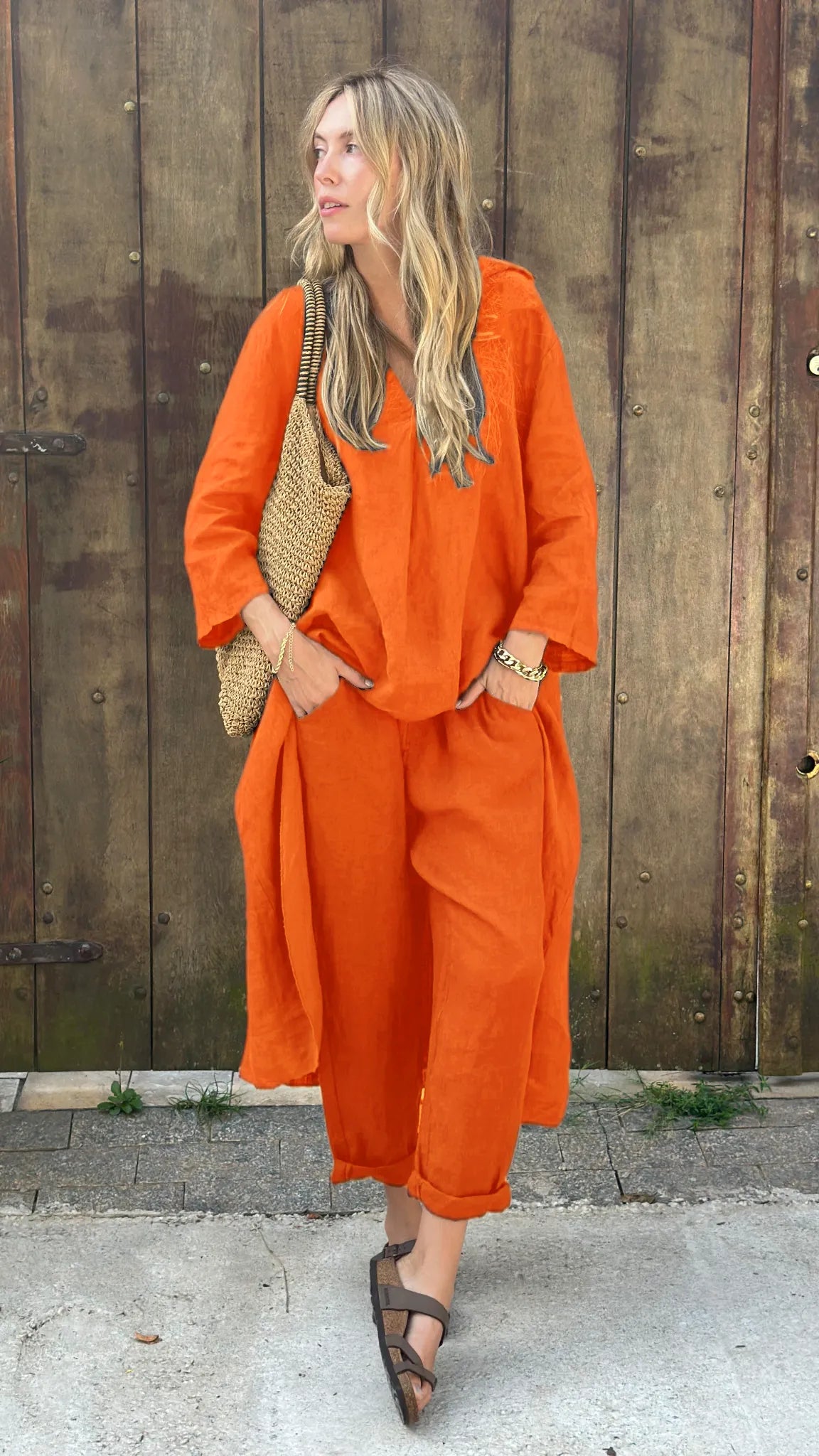 Set 2 pezzi casual in cotone e lino tinta unita (Acquista 2, spedizione gratuita)