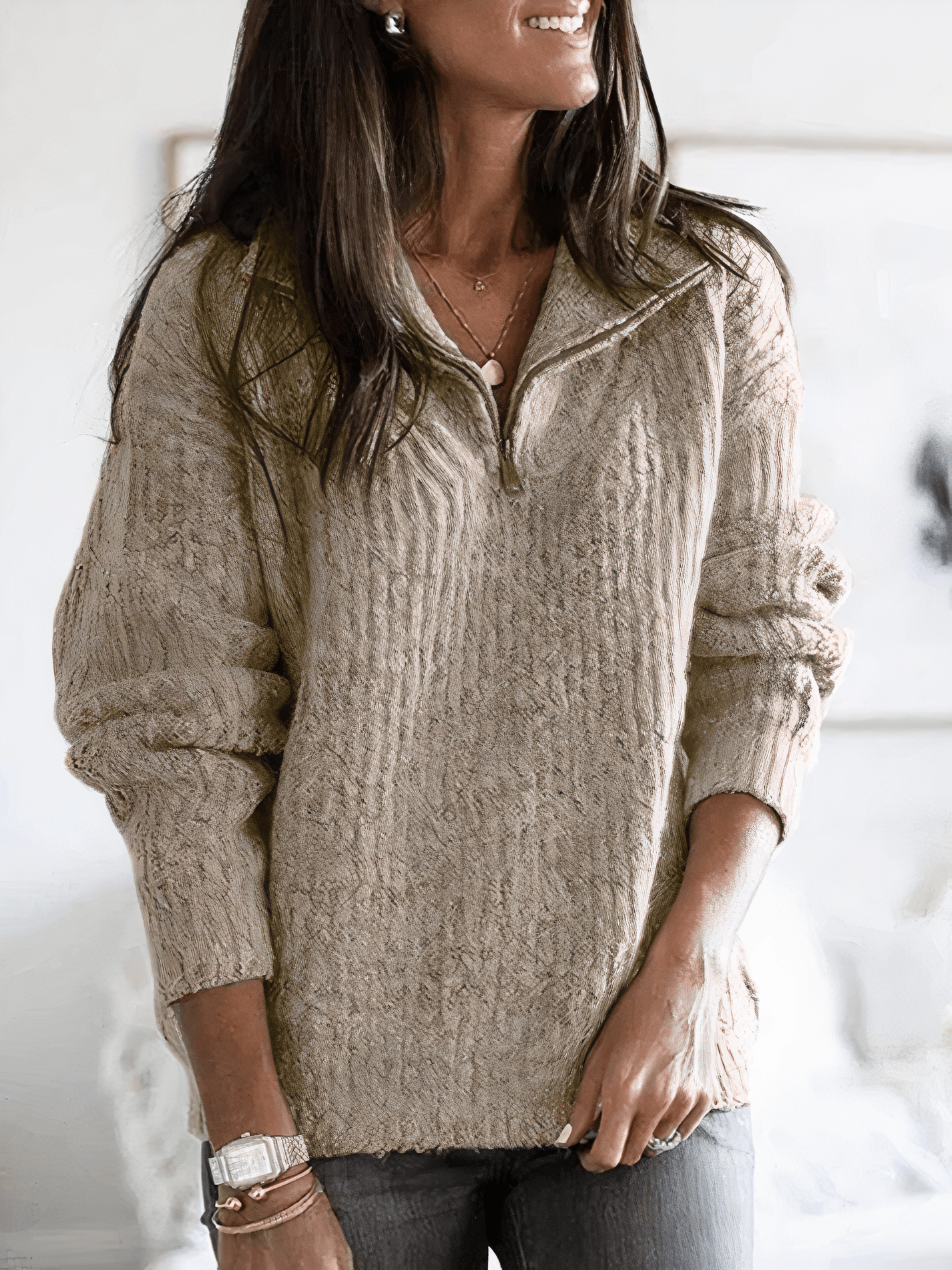 Maglione da donna a mezza zip a costine