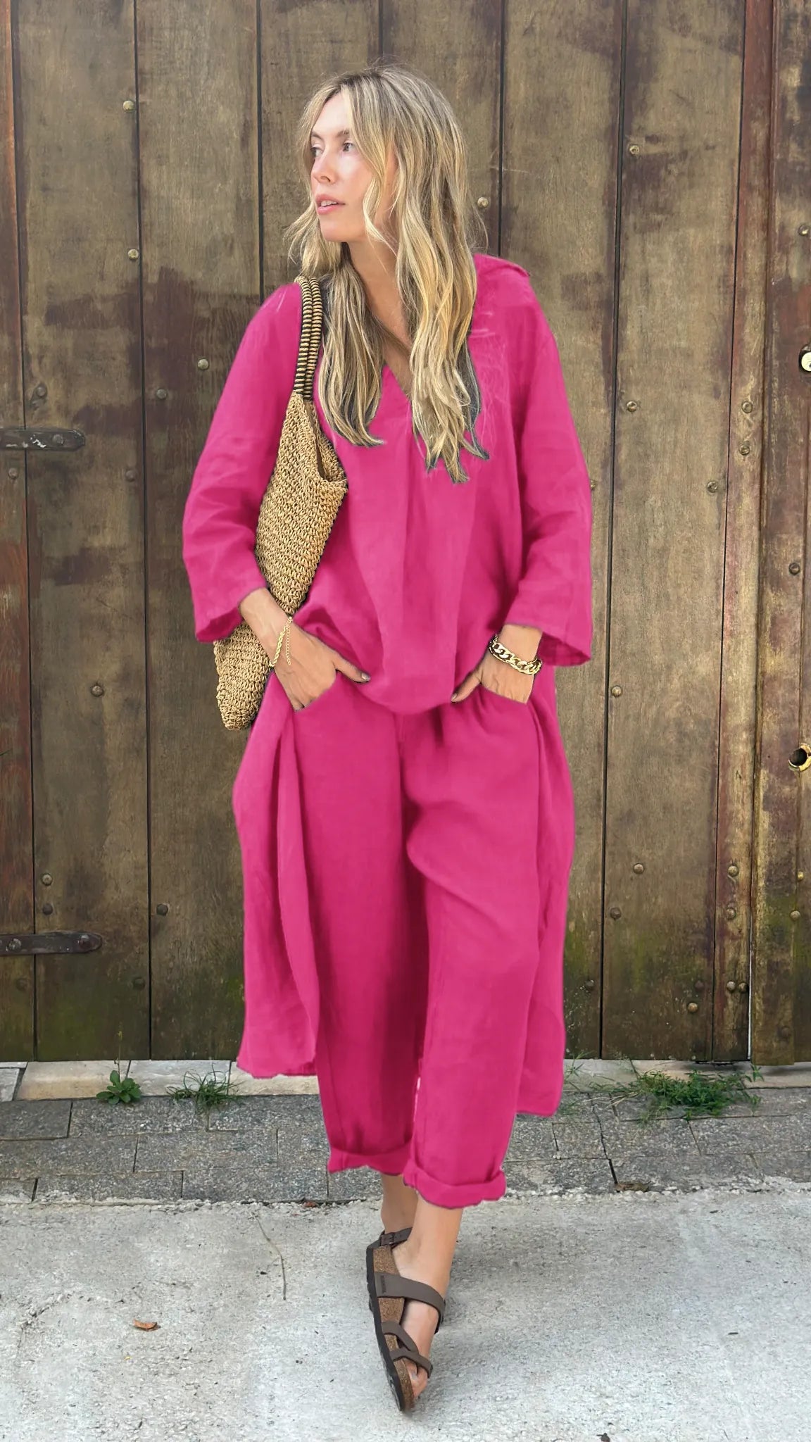 Set 2 pezzi casual in cotone e lino tinta unita (Acquista 2, spedizione gratuita)