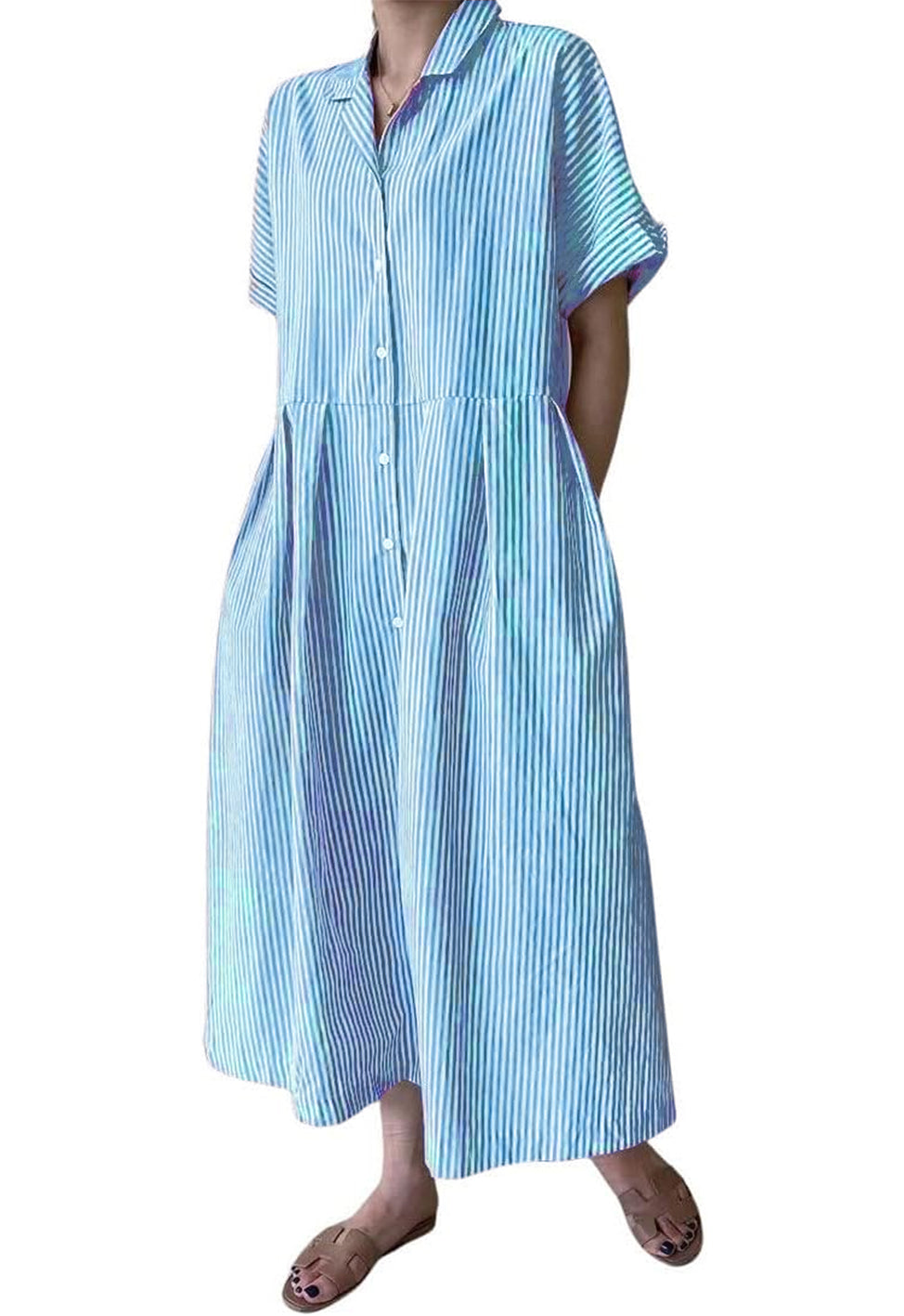Damen Baumwoll-Streifenhemdkleid Durchgeknöpft Kurzarm Midi Langes Shiftkleid mit Taschen (Beim Kauf von 2 kostenfreier Versand)