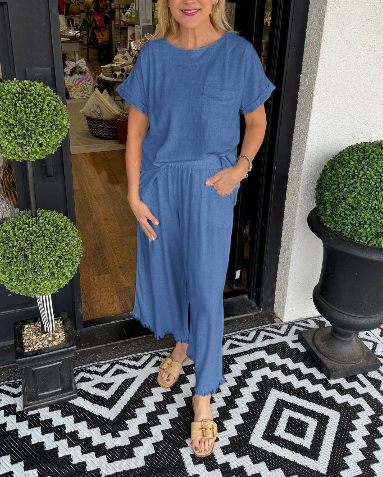 Completo da casa casual da donna in cotone e lino tinta unita (acquista 2, spedizione gratuita)