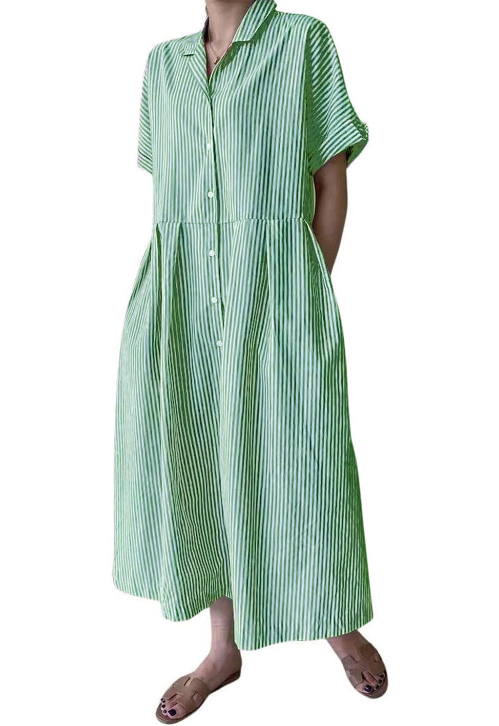 Damen Baumwoll-Streifenhemdkleid Durchgeknöpft Kurzarm Midi Langes Shiftkleid mit Taschen (Beim Kauf von 2 kostenfreier Versand)